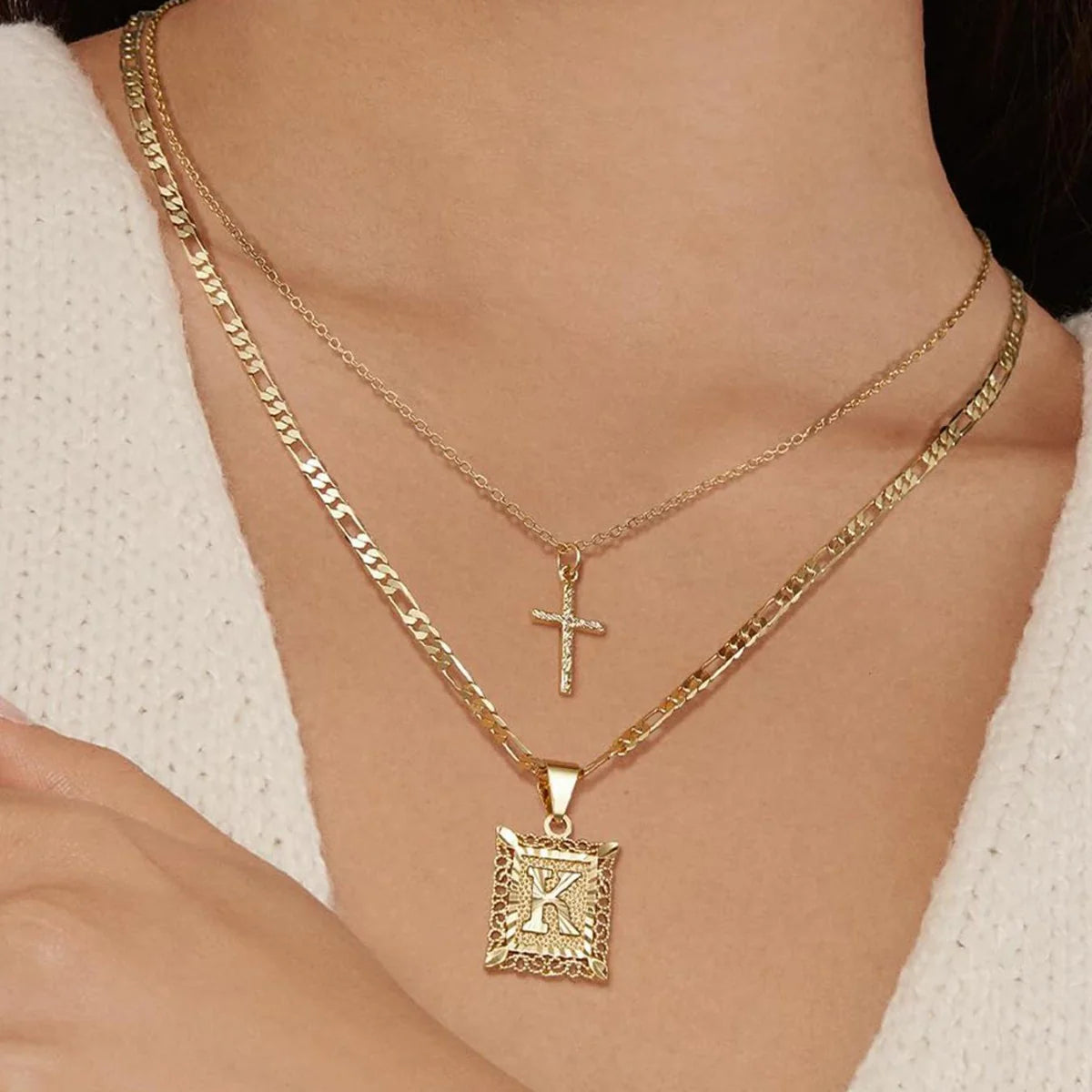 2pc Initial & Cross Necklace Set
