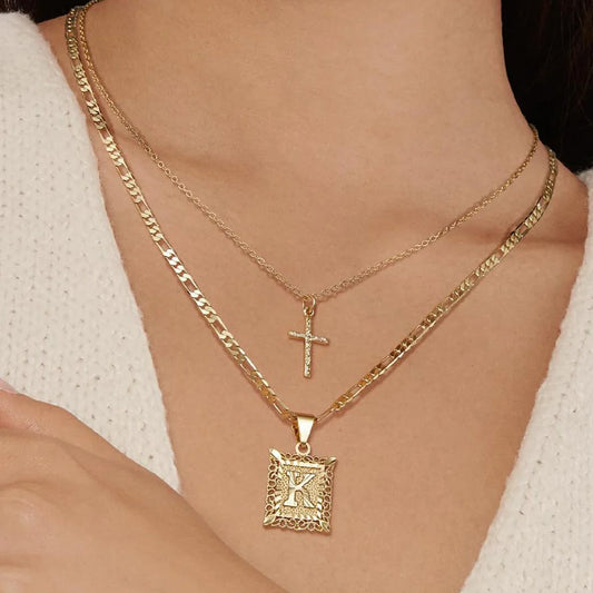 2pc Initial & Cross Necklace Set
